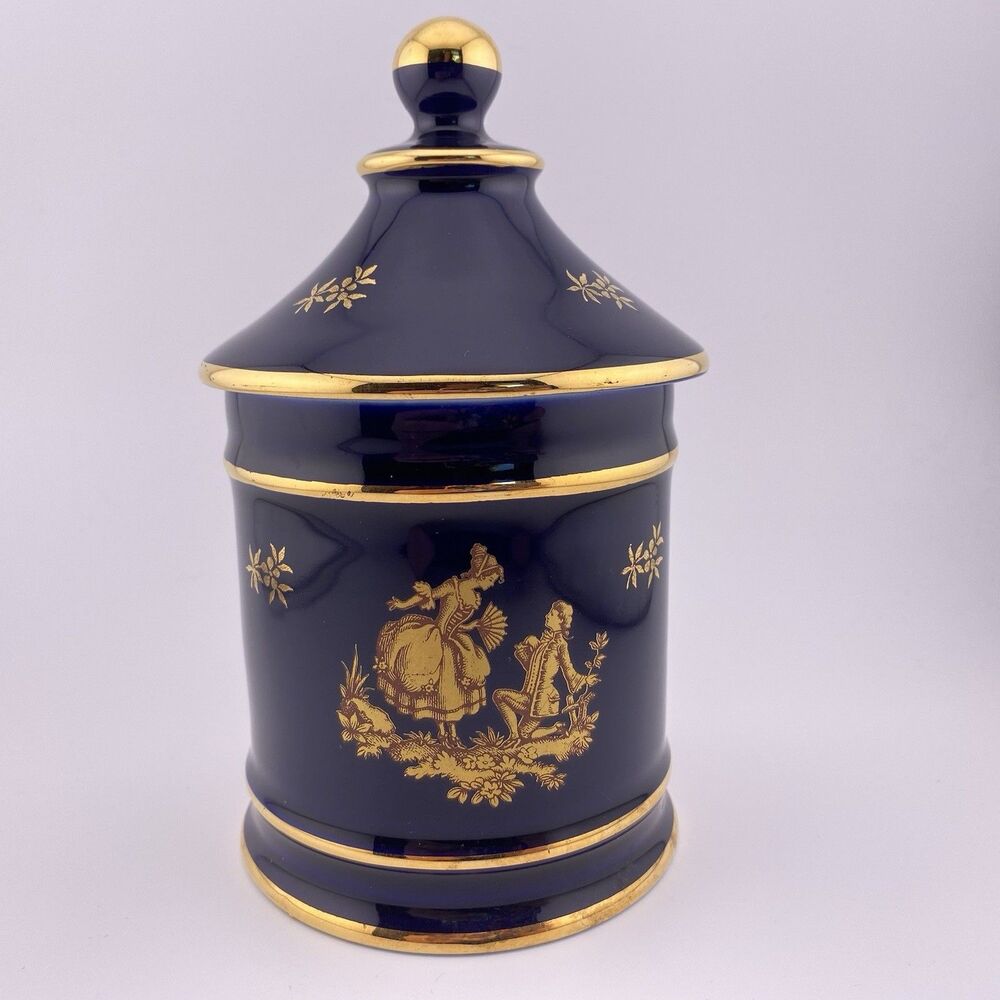 Limoges France Porcelain Trinket Jar Blue Gold Trim w/ Lid